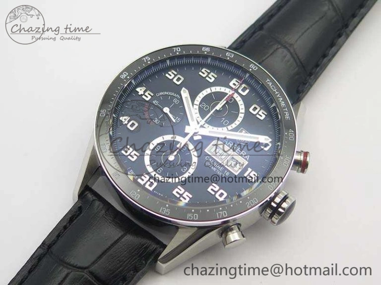 Carrera Calibre 1887 Day-Date SS V6F 1:1 Best Edition Ceramic Bezel Black Dial On Leather Strap A7750
