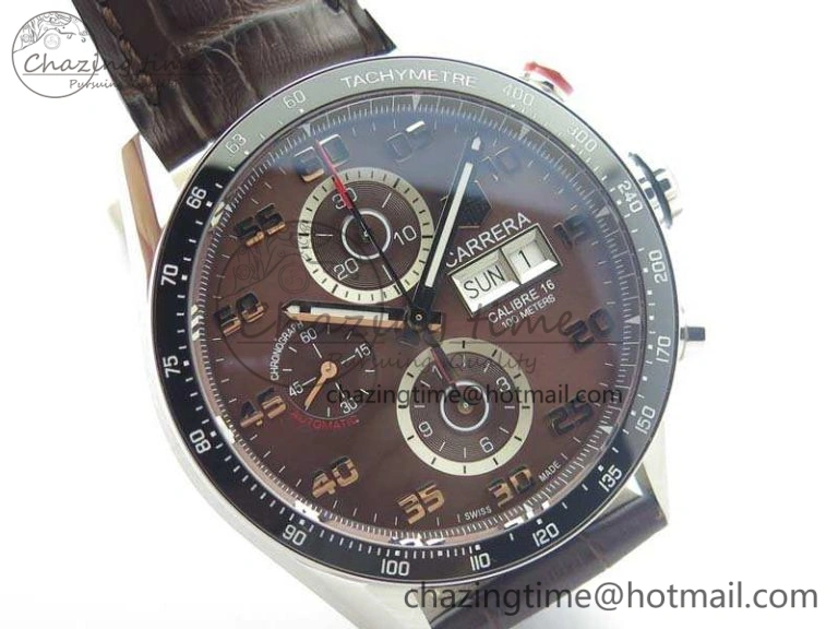 Carrera Calibre 1887 Day-Date SS V6F 1:1 Best Edition Ceramic Bezel Brown Dial On Leather Strap A7750