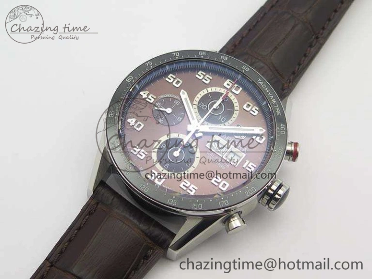 Carrera Calibre 1887 Day-Date SS V6F 1:1 Best Edition Ceramic Bezel Brown Dial On Leather Strap A7750
