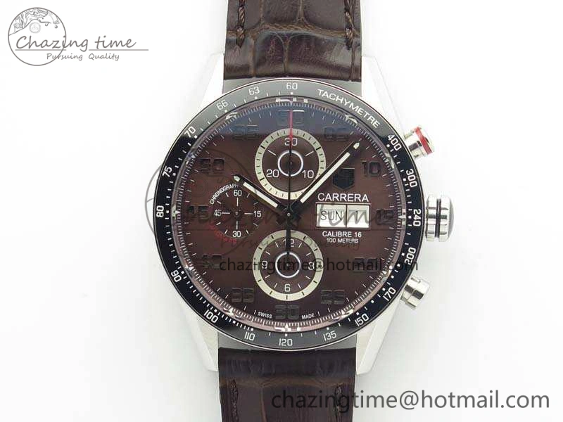 Carrera Calibre 1887 Day-Date SS V6F 1:1 Best Edition Ceramic Bezel Brown Dial On Leather Strap A7750