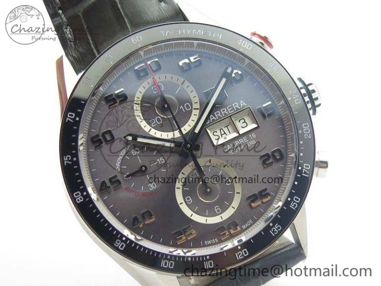 Carrera Calibre 1887 Day-Date SS V6F 1:1 Best Edition Ceramic Bezel Gray Dial On Leather Strap A7750