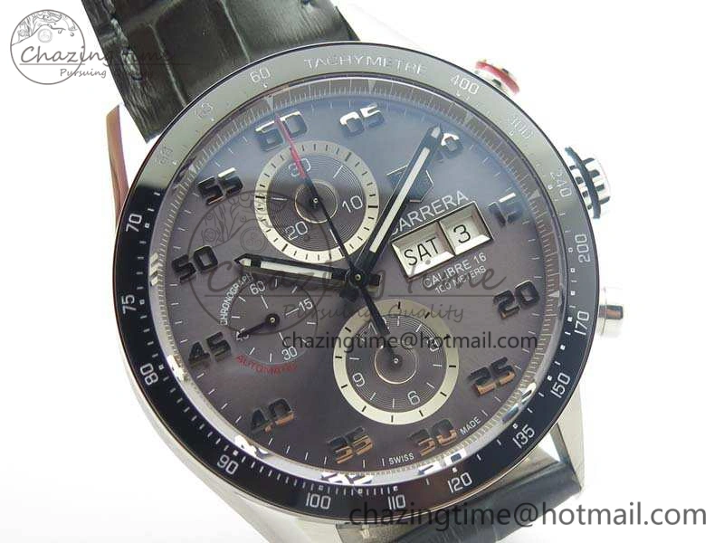 Carrera Calibre 1887 Day-Date SS V6F 1:1 Best Edition Ceramic Bezel Gray Dial On Leather Strap A7750