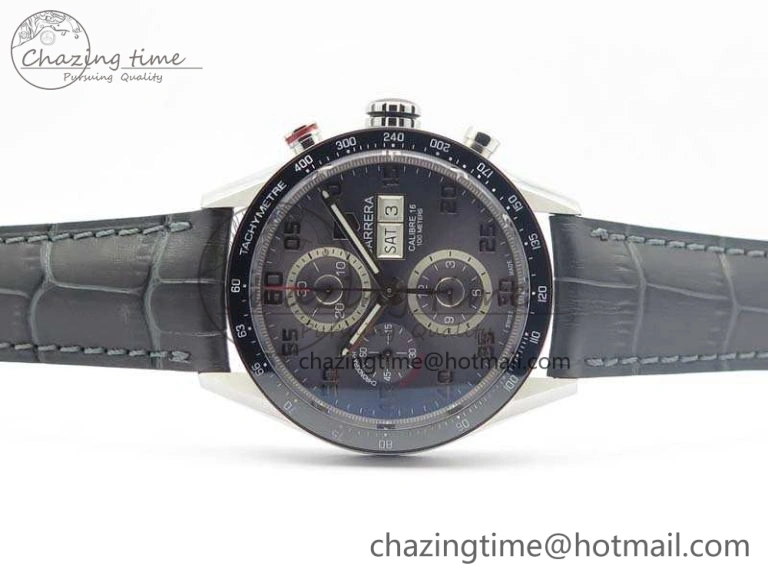 Carrera Calibre 1887 Day-Date SS V6F 1:1 Best Edition Ceramic Bezel Gray Dial On Leather Strap A7750