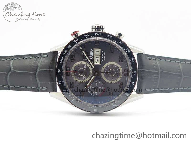Carrera Calibre 1887 Day-Date SS V6F 1:1 Best Edition Ceramic Bezel Gray Dial On Leather Strap A7750