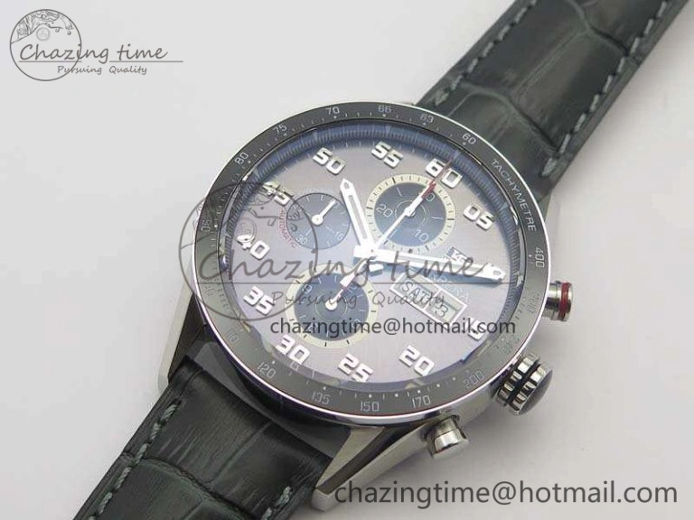 Carrera Calibre 1887 Day-Date SS V6F 1:1 Best Edition Ceramic Bezel Gray Dial On Leather Strap A7750