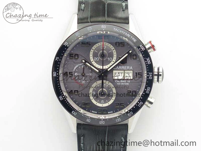 Carrera Calibre 1887 Day-Date SS V6F 1:1 Best Edition Ceramic Bezel Gray Dial On Leather Strap A7750