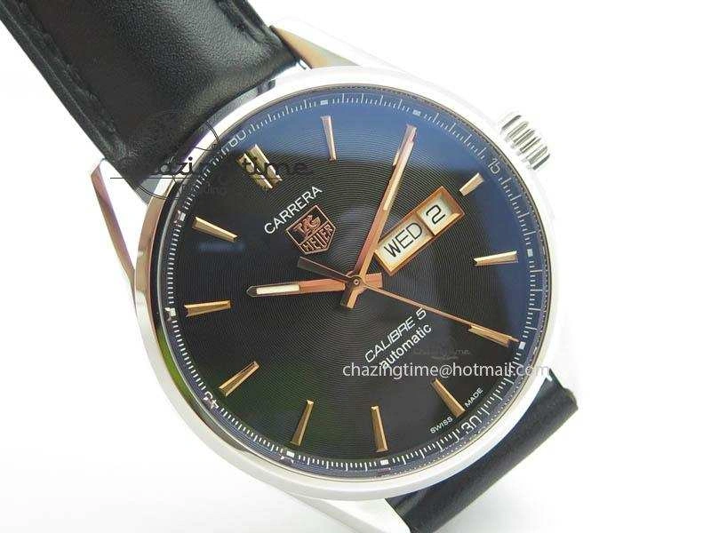 Carrera Day-Date Automatic SS Black Dial RG Markers On Black Leather Strap A2824