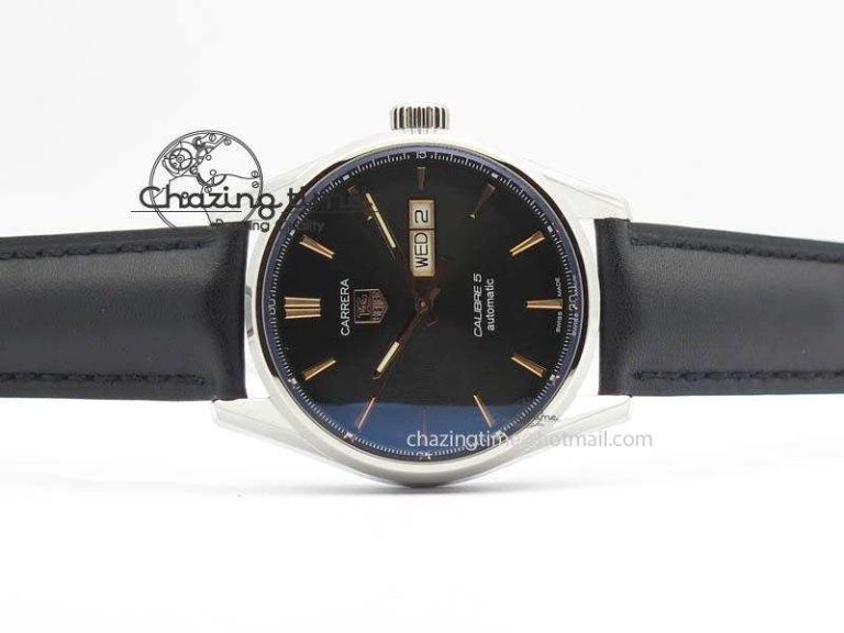 Carrera Day-Date Automatic SS Black Dial RG Markers On Black Leather Strap A2824