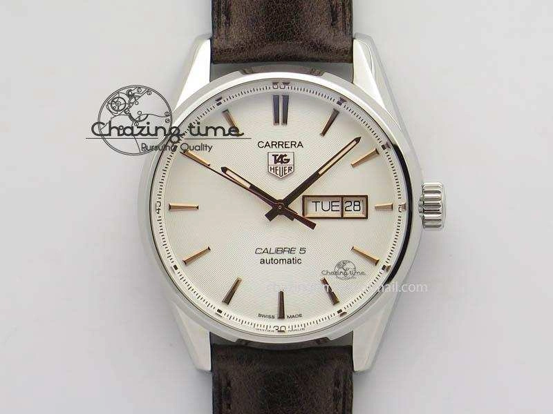 Carrera Day-Date Automatic SS White Dial RG Markers On Brown Leather Strap A2824