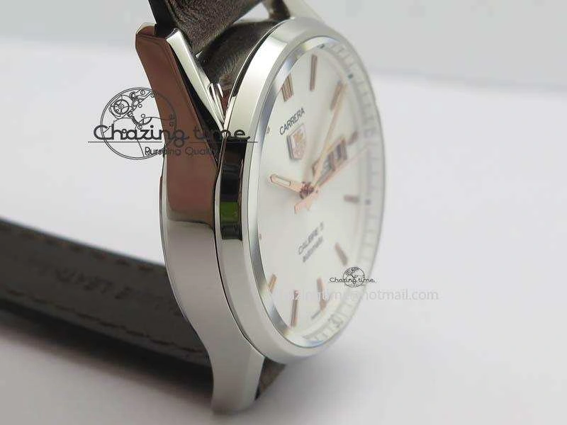 Carrera Day-Date Automatic SS White Dial RG Markers On Brown Leather Strap A2824