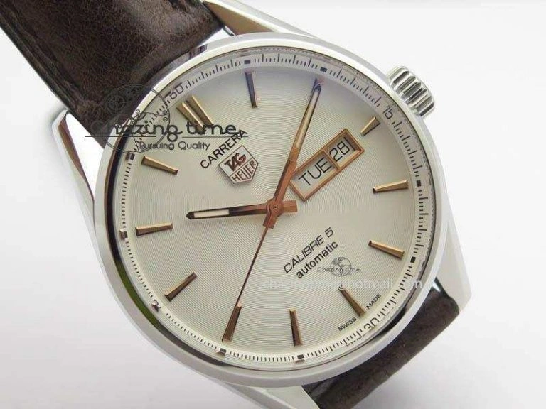 Carrera Day-Date Automatic SS White Dial RG Markers On Brown Leather Strap A2824
