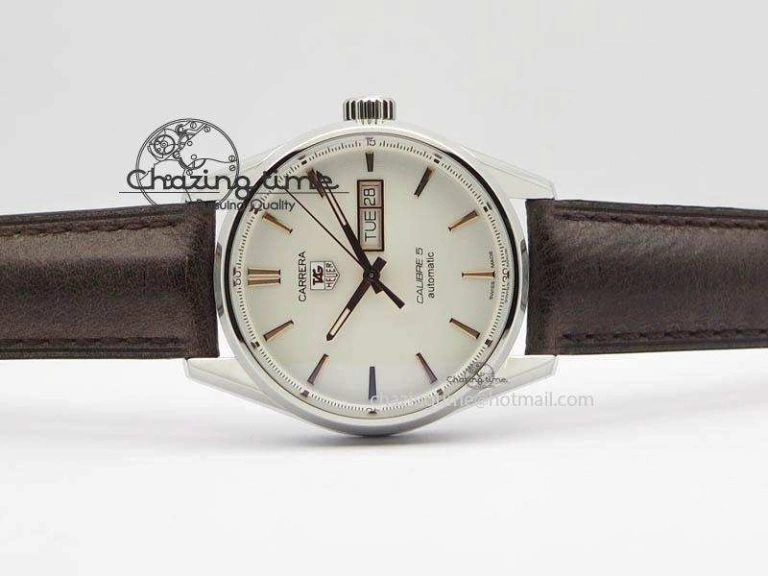Carrera Day-Date Automatic SS White Dial RG Markers On Brown Leather Strap A2824