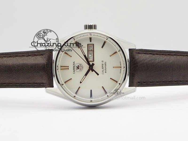Carrera Day-Date Automatic SS White Dial RG Markers On Brown Leather Strap A2824