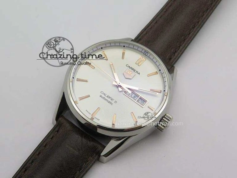 Carrera Day-Date Automatic SS White Dial RG Markers On Brown Leather Strap A2824