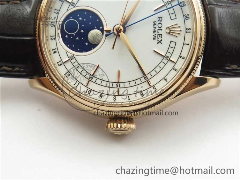 Cellini 50535 Moon RG KZF Best Edition White Dial on Brown Leather Strap A3195 ( Free Tool)