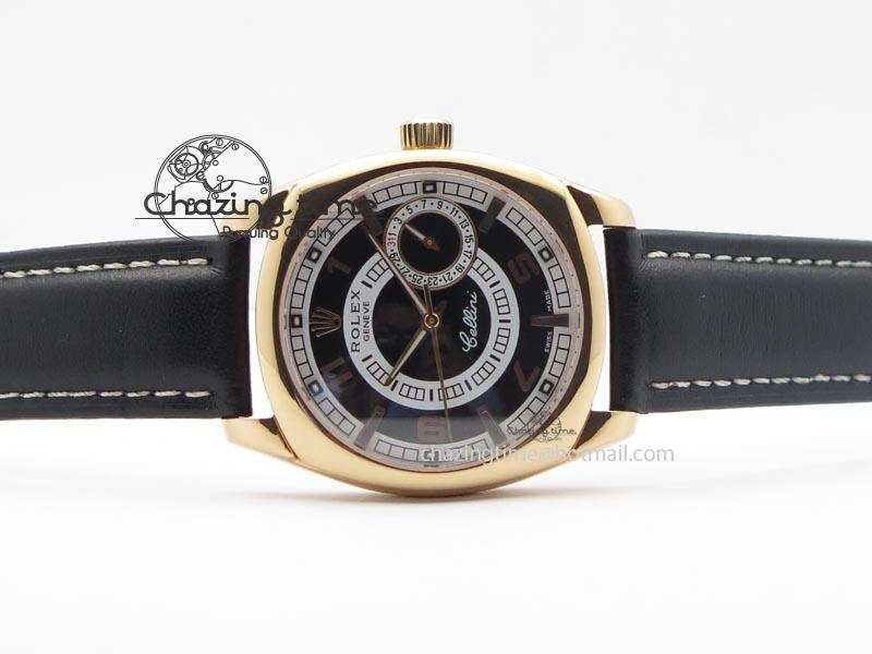 Cellini Date RG Black Dial Numeral And Stick Markers On Black Leather Strap A2824