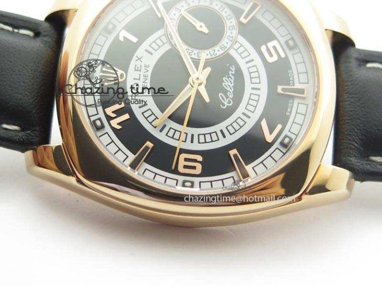Cellini Date RG Black Dial Numeral And Stick Markers On Black Leather Strap A2824