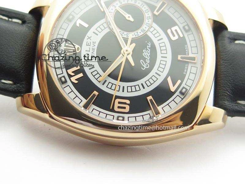 Cellini Date RG Black Dial Numeral And Stick Markers On Black Leather Strap A2824