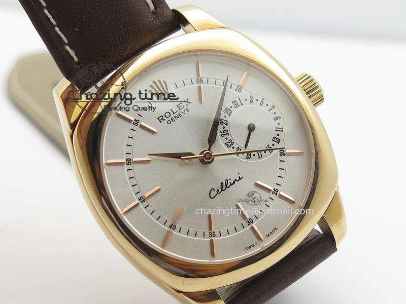 Cellini Date RG Silver Dial Stick Markers On Brown Leather Strap A2824
