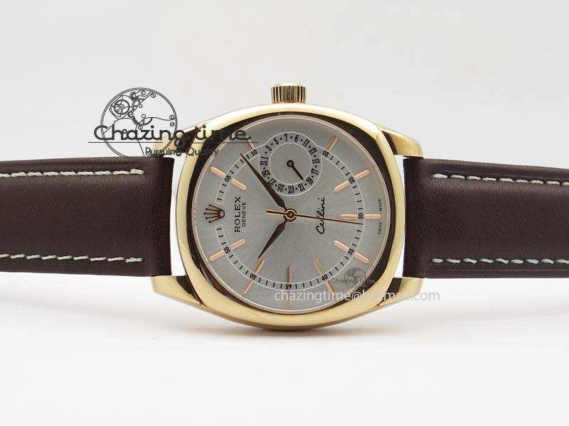 Cellini Date RG Silver Dial Stick Markers On Brown Leather Strap A2824