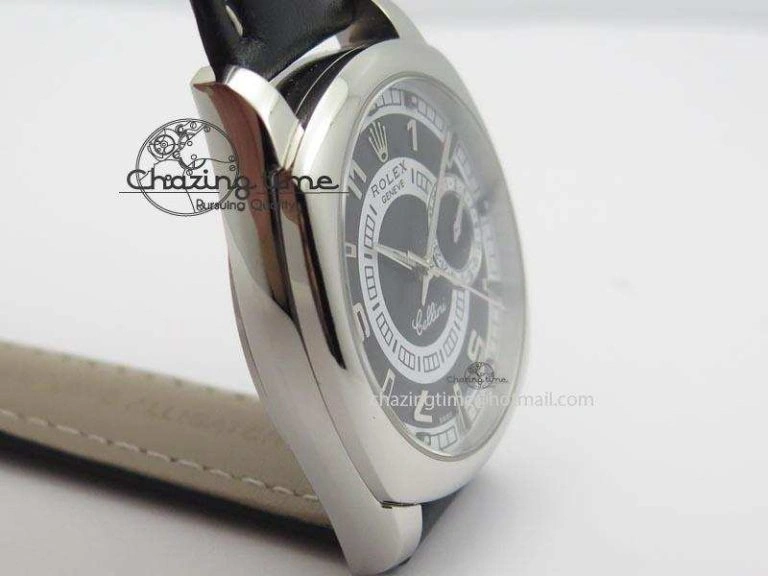 Cellini Date SS Black Dial Numeral And Stick Markers On Black Leather Strap A2824