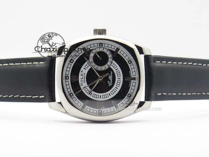 Cellini Date SS Black Dial Numeral And Stick Markers On Black Leather Strap A2824