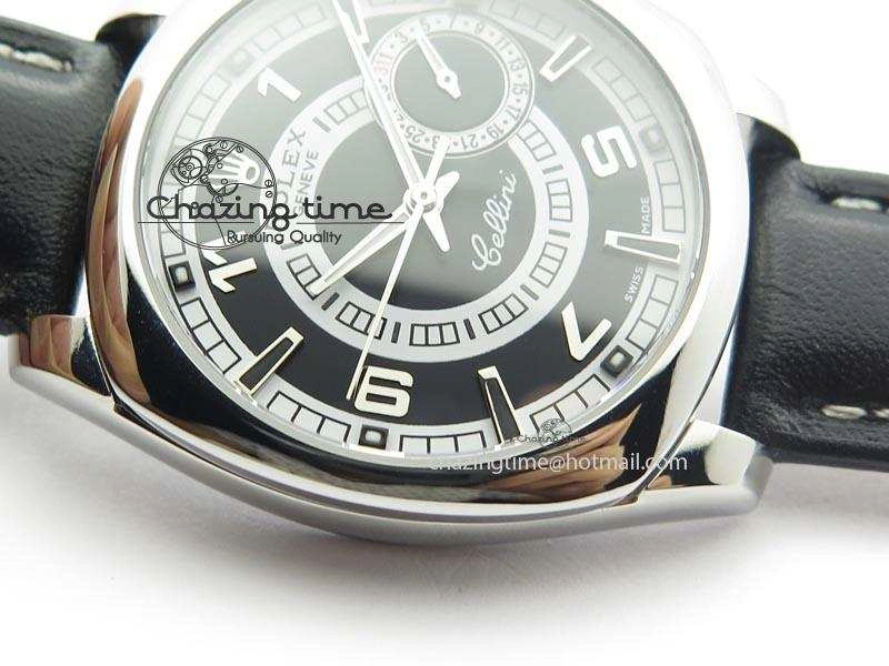Cellini Date SS Black Dial Numeral And Stick Markers On Black Leather Strap A2824