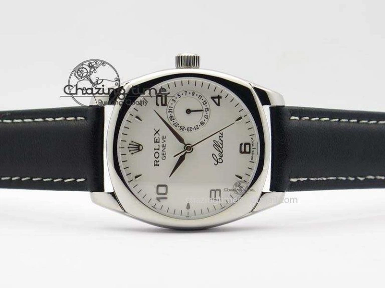 Cellini Date SS White Numeral Dial On Black Leather Strap A2824