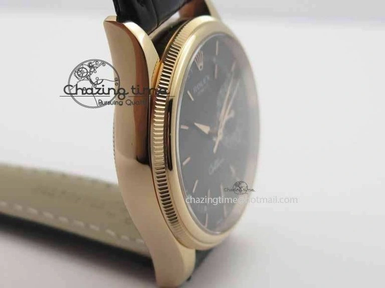 Cellini Date VF Best Edition RG Black Dial Stick Markers On Black Leather Strap A3165