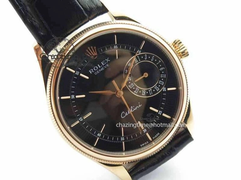 Cellini Date VF Best Edition RG Black Dial Stick Markers On Black Leather Strap A3165