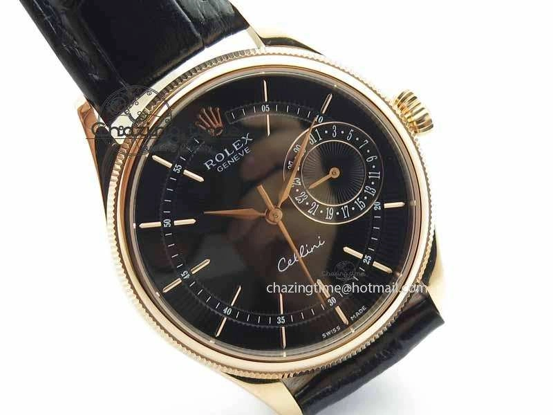 Cellini Date VF Best Edition RG Black Dial Stick Markers On Black Leather Strap A3165