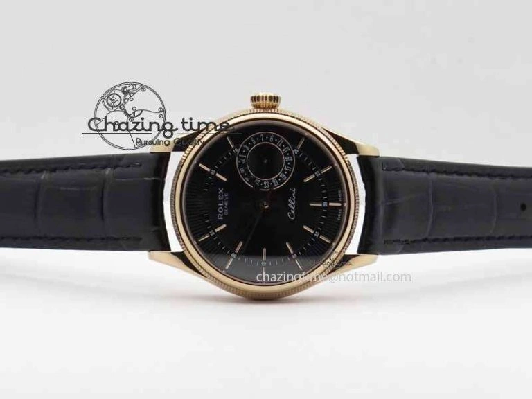 Cellini Date VF Best Edition RG Black Dial Stick Markers On Black Leather Strap A3165