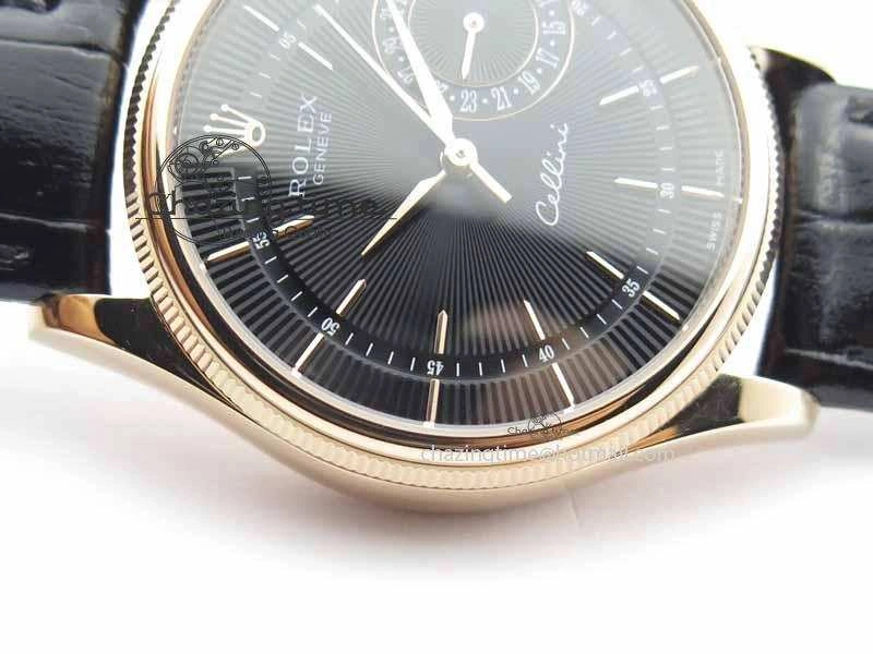 Cellini Date VF Best Edition RG Black Dial Stick Markers On Black Leather Strap A3165