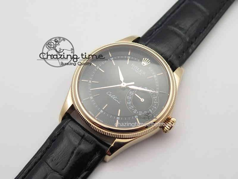 Cellini Date VF Best Edition RG Black Dial Stick Markers On Black Leather Strap A3165