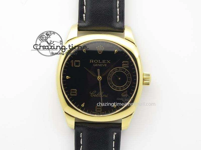 Cellini Date YG Black Dial Numeral Markers On Black Leather Strap A2824