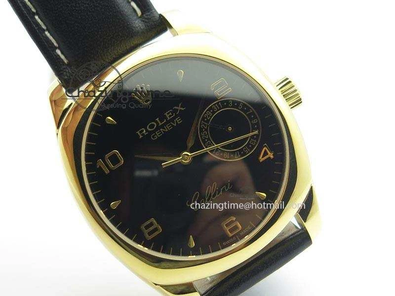 Cellini Date YG Black Dial Numeral Markers On Black Leather Strap A2824