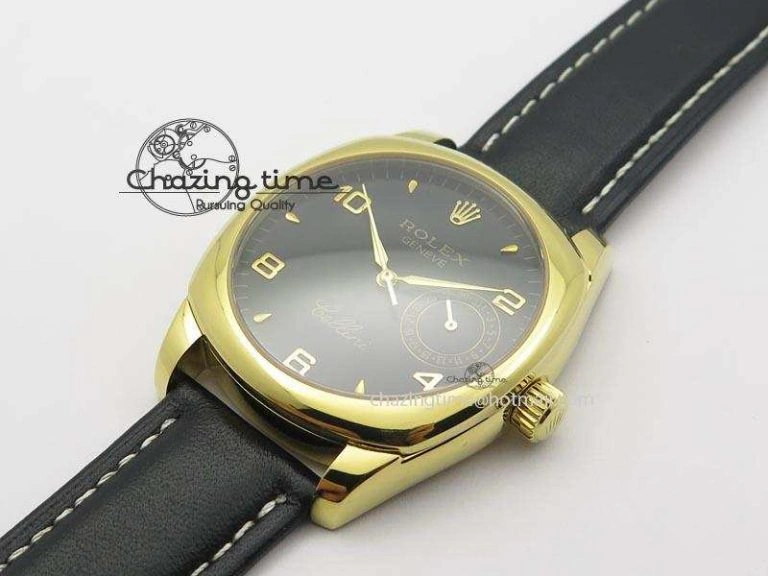 Cellini Date YG Black Dial Numeral Markers On Black Leather Strap A2824
