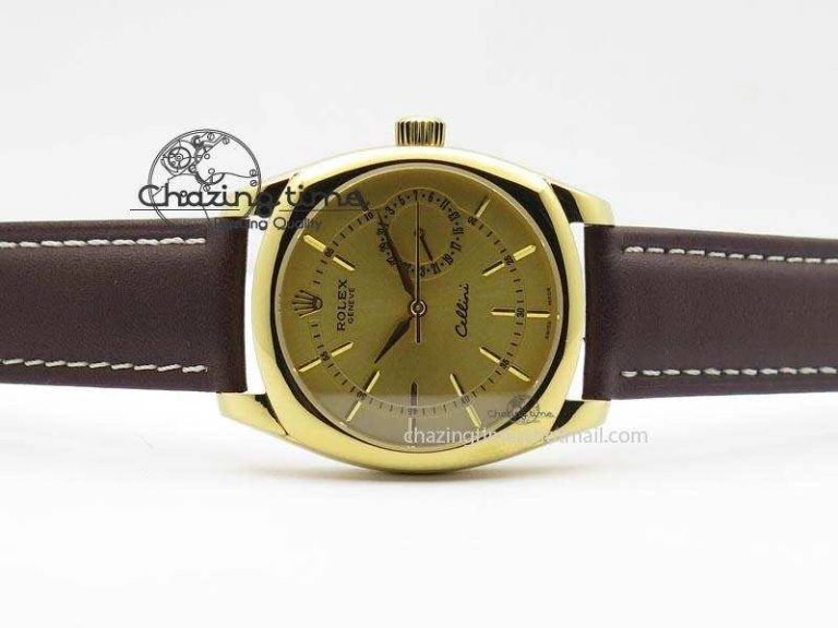 Cellini Date YG Gold Sticks Dial On Brown Leather Strap A2824