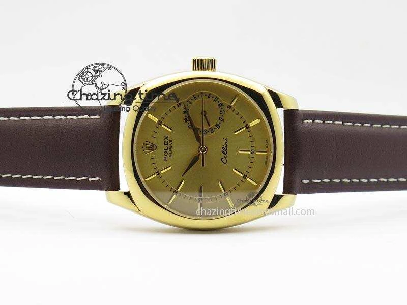 Cellini Date YG Gold Sticks Dial On Brown Leather Strap A2824