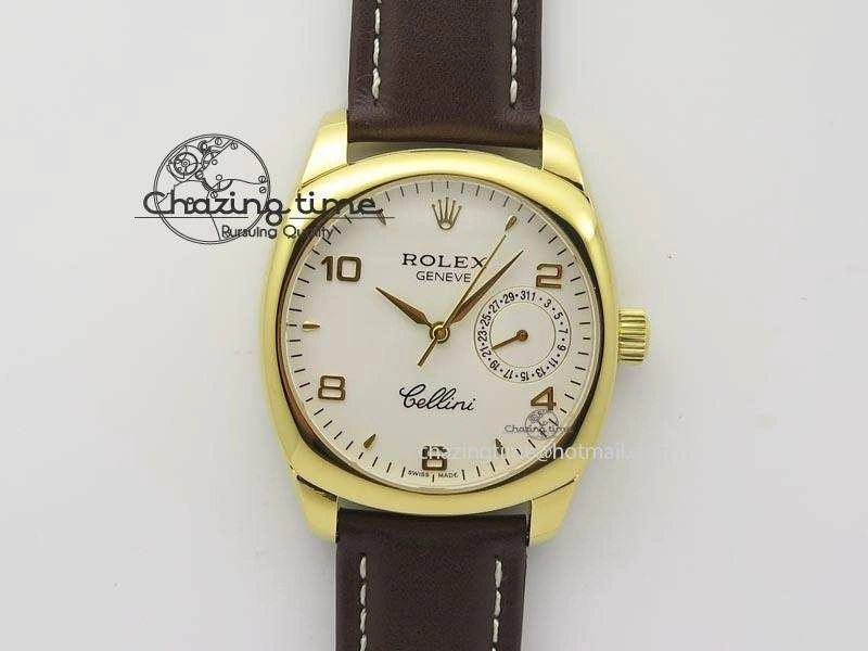 Cellini Date YG White Numeral Dial On Brown Leather Strap A2824