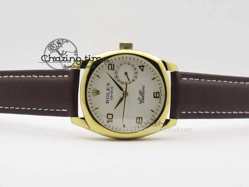 Cellini Date YG White Numeral Dial On Brown Leather Strap A2824