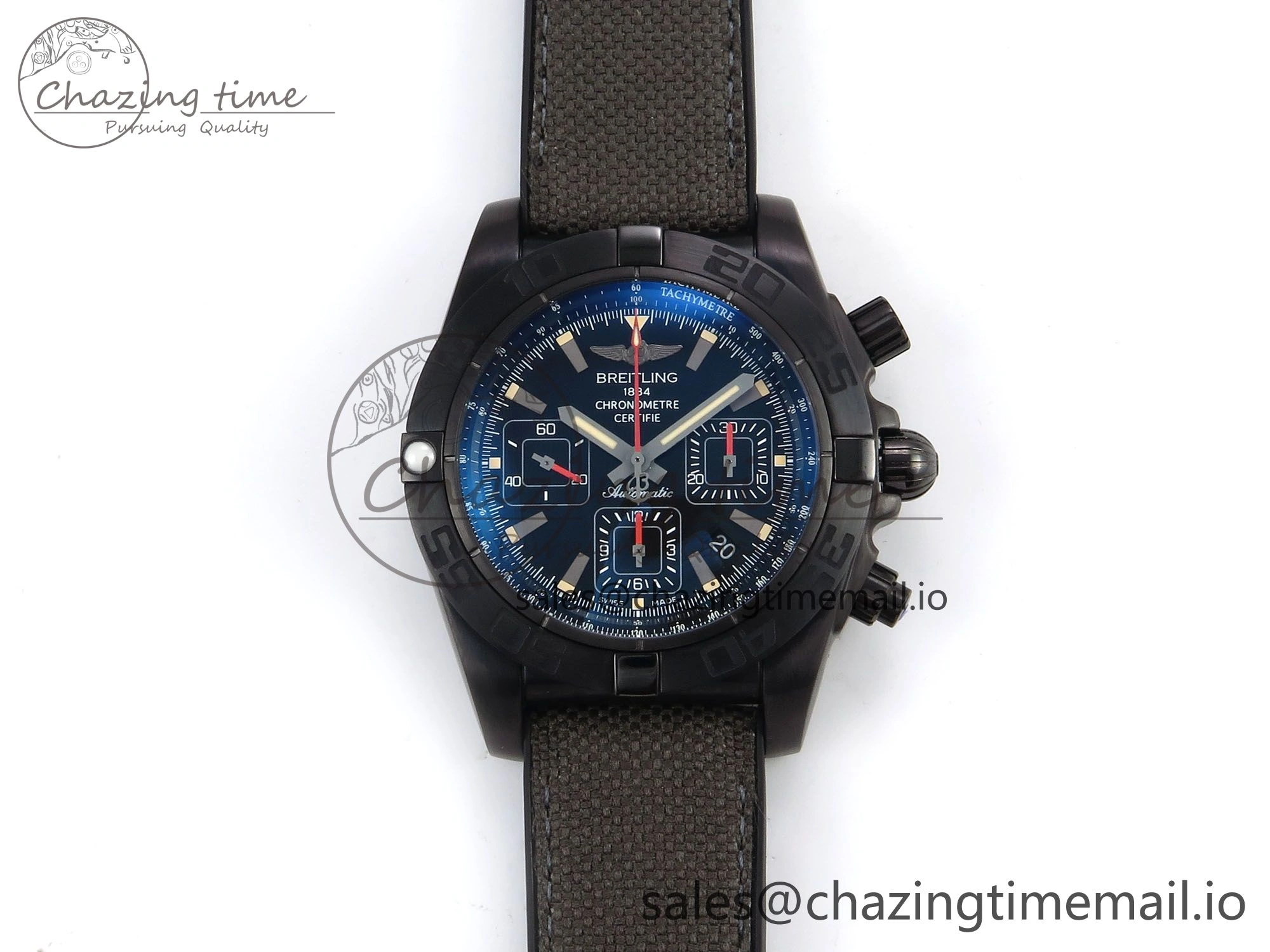 Chronomat 44 Blacksteel APSF 1:1 Best Edition Black Dial on Gray Nylon Strap A7750
