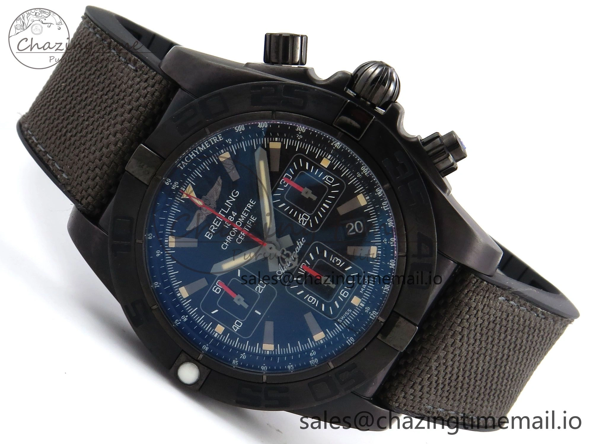 Chronomat 44 Blacksteel APSF 1:1 Best Edition Black Dial on Gray Nylon Strap A7750