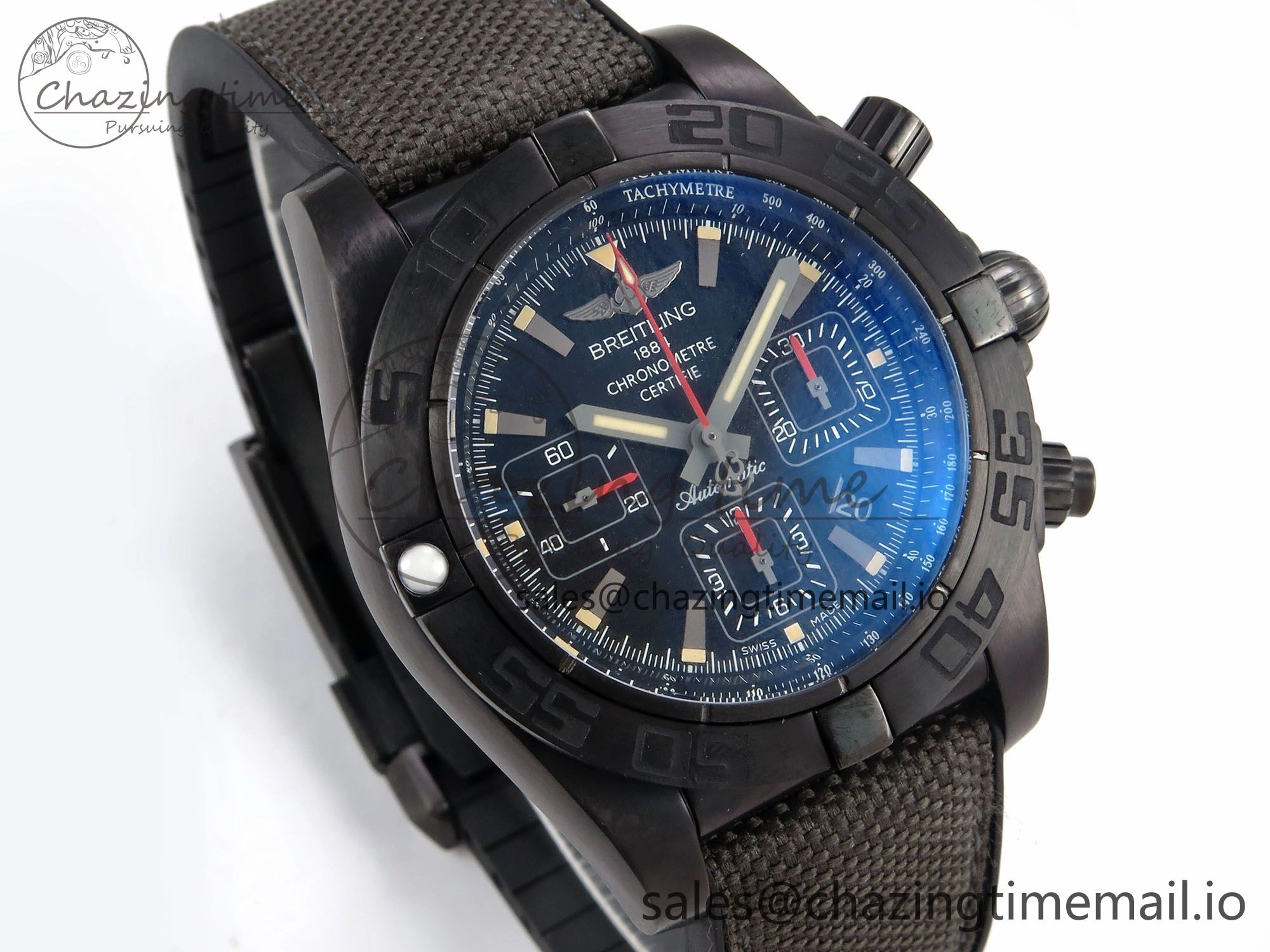 Chronomat 44 Blacksteel APSF 1:1 Best Edition Black Dial on Gray Nylon Strap A7750