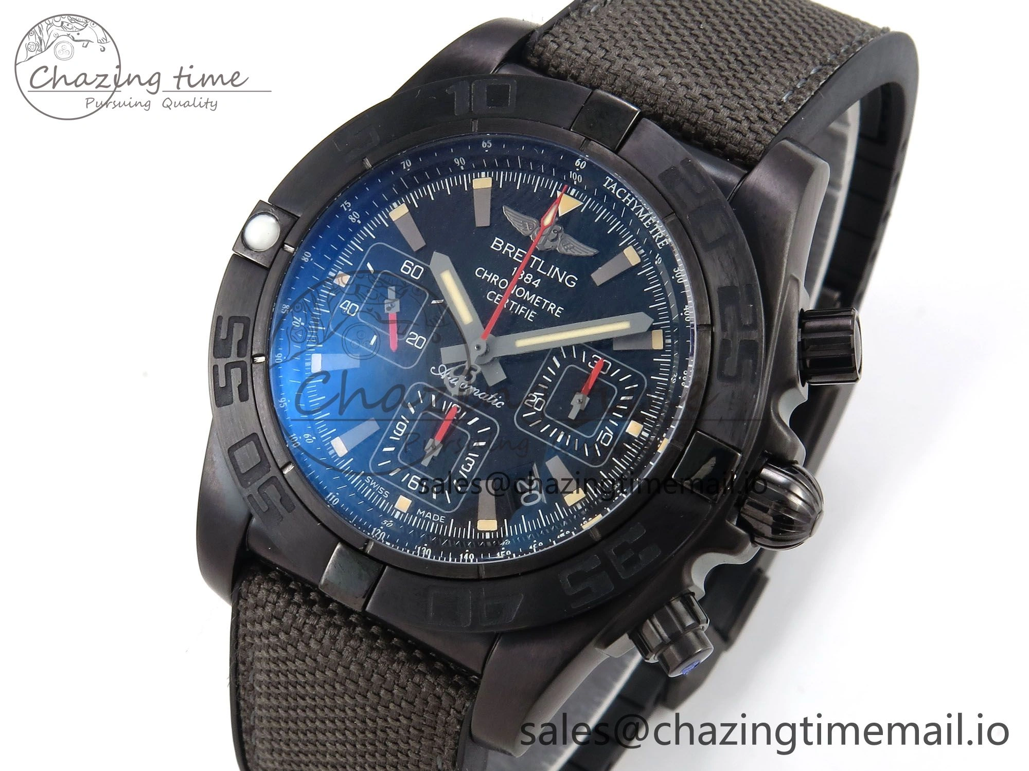 Chronomat 44 Blacksteel APSF 1:1 Best Edition Black Dial on Gray Nylon Strap A7750