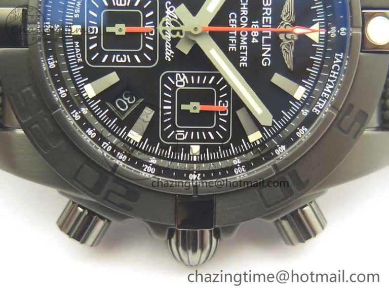 Chronomat 44mm Blacksteel GF 1:1 Special Edition Black Dial on Black Rubber Strap A7750