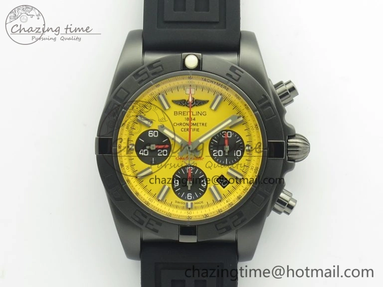 Chronomat 44mm Blacksteel GF 1:1 Special Edition Yellow Dial On Black Rubber Strap A7750