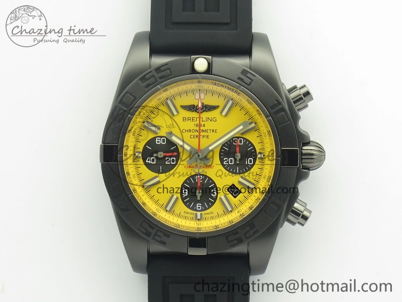 Chronomat 44mm Blacksteel GF 1:1 Special Edition Yellow Dial On Black Rubber Strap A7750