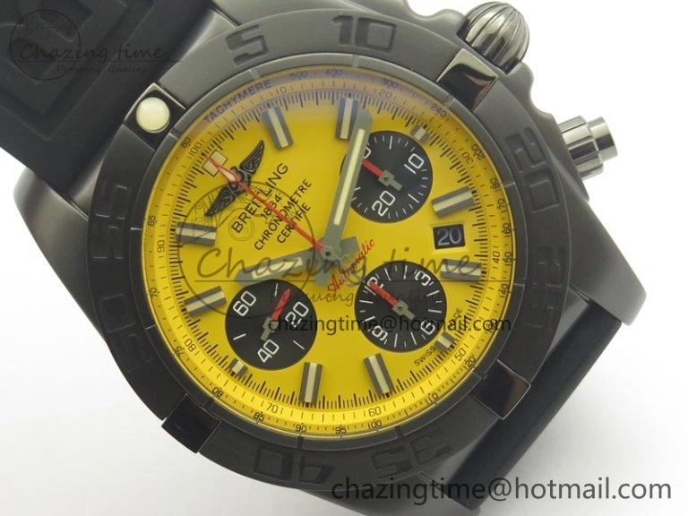 Chronomat 44mm Blacksteel GF 1:1 Special Edition Yellow Dial On Black Rubber Strap A7750