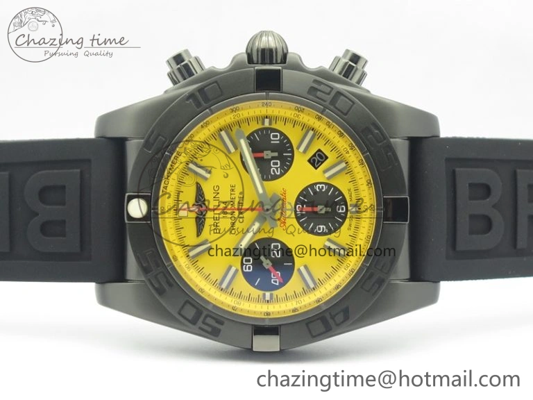 Chronomat 44mm Blacksteel GF 1:1 Special Edition Yellow Dial On Black Rubber Strap A7750